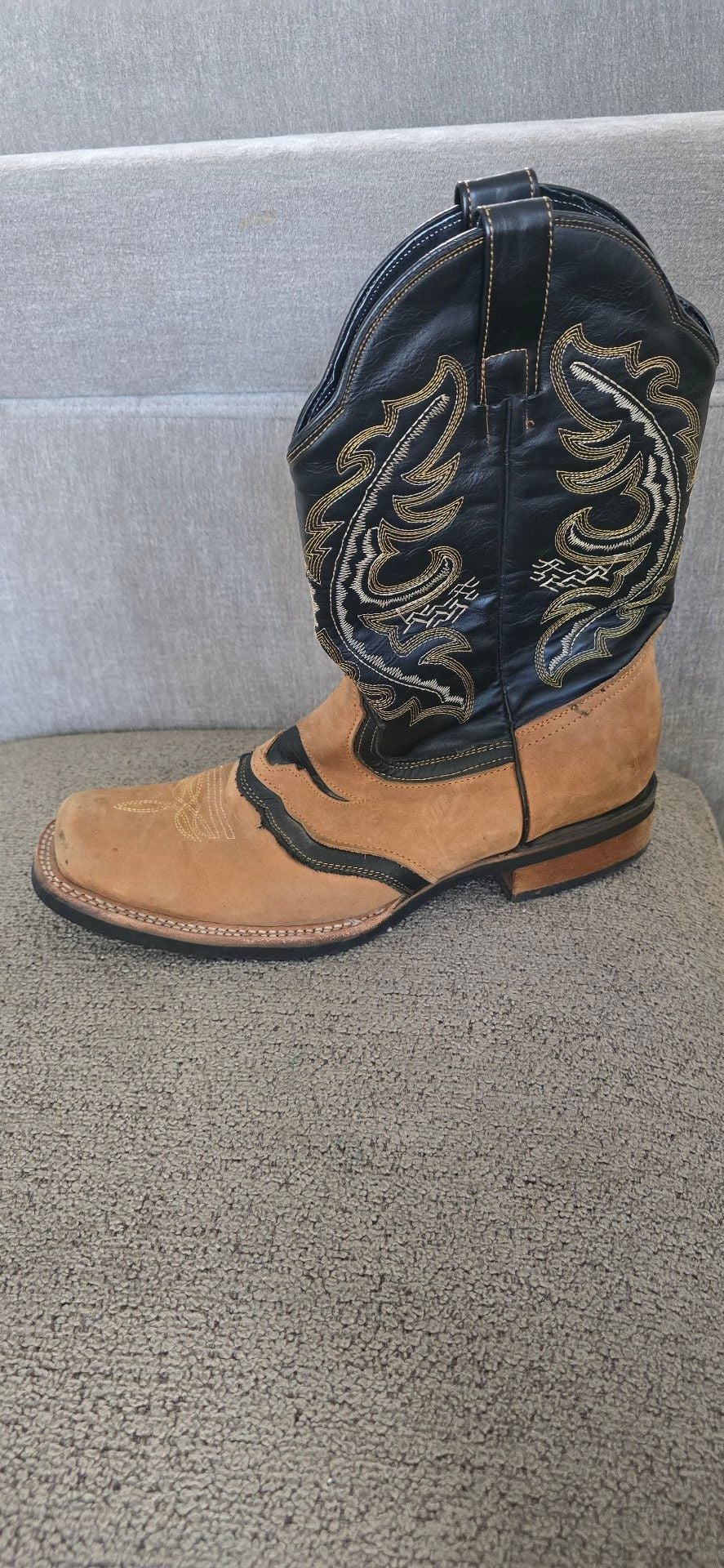 Longhorn Western Cowboy Boots Sand Black Square Toe size 11 7