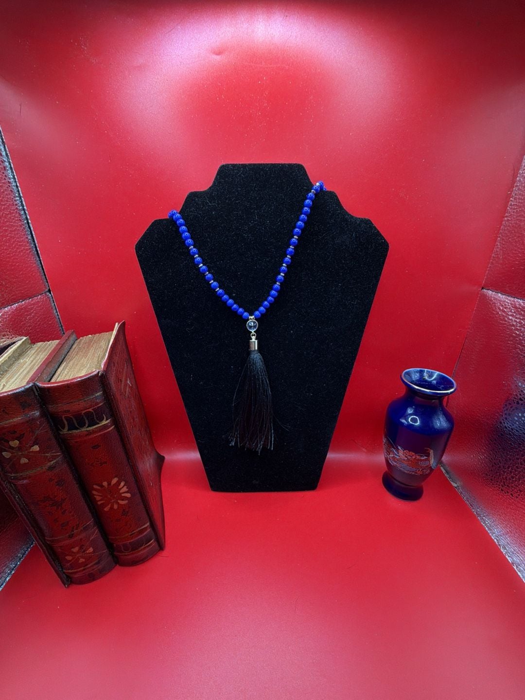 Blue Beaded Tassel Necklace With Gemstone Accents 2