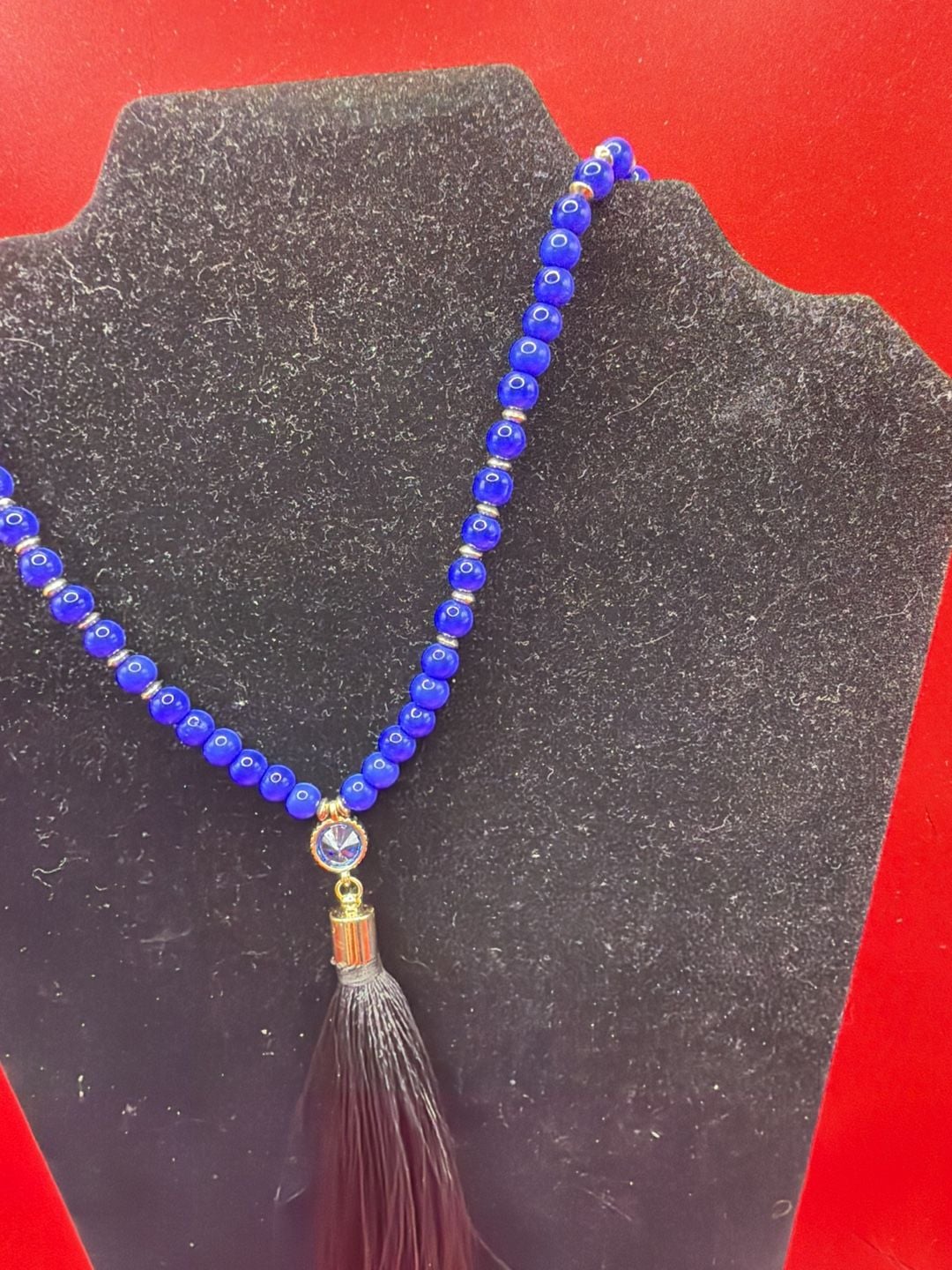 Blue Beaded Tassel Necklace With Gemstone Accents 4
