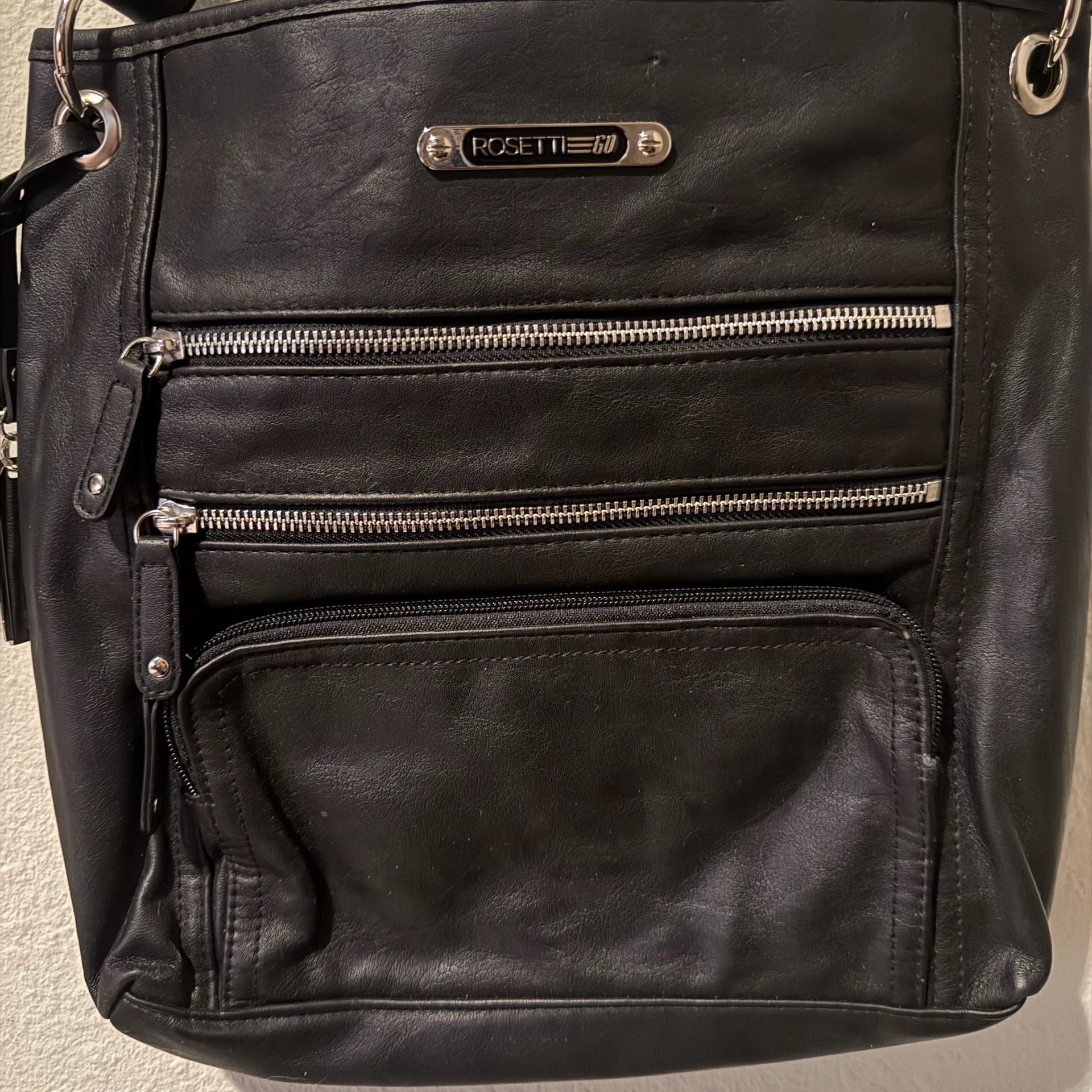 Rosetti Crossbody Bag Black Faux Leather Triple Zippered Pockets 2
