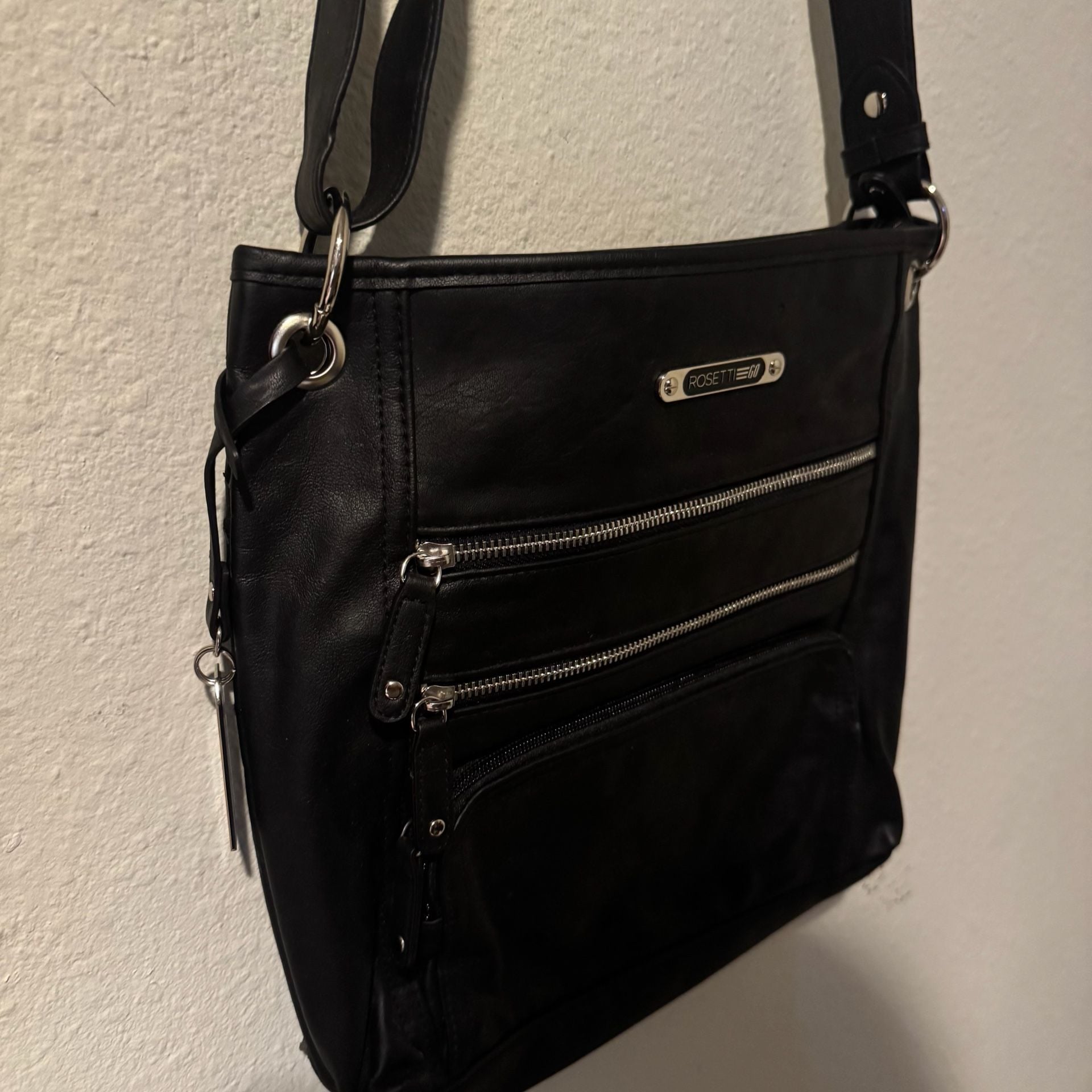 Rosetti Crossbody Bag Black Faux Leather Triple Zippered Pockets 4