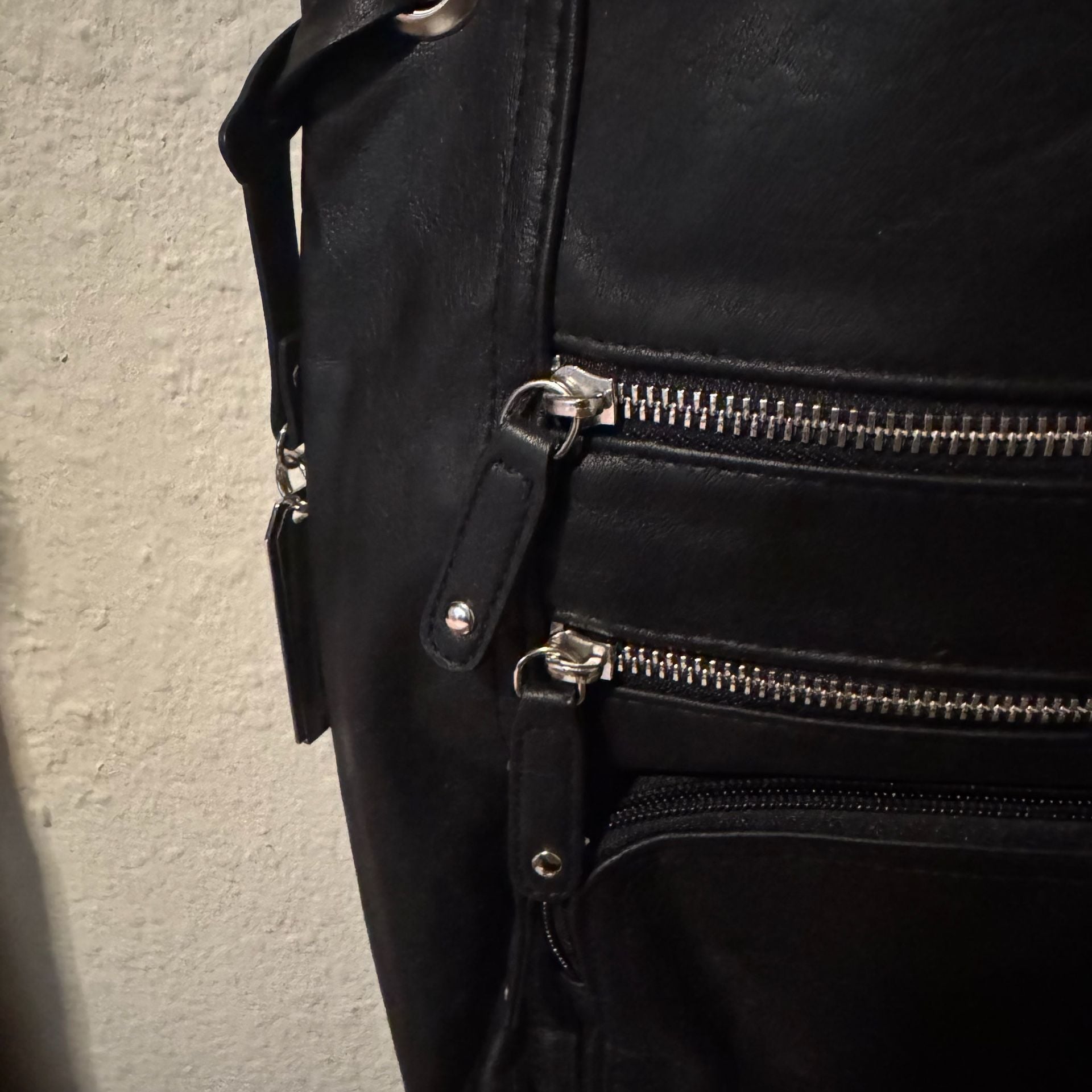 Rosetti Crossbody Bag Black Faux Leather Triple Zippered Pockets 6