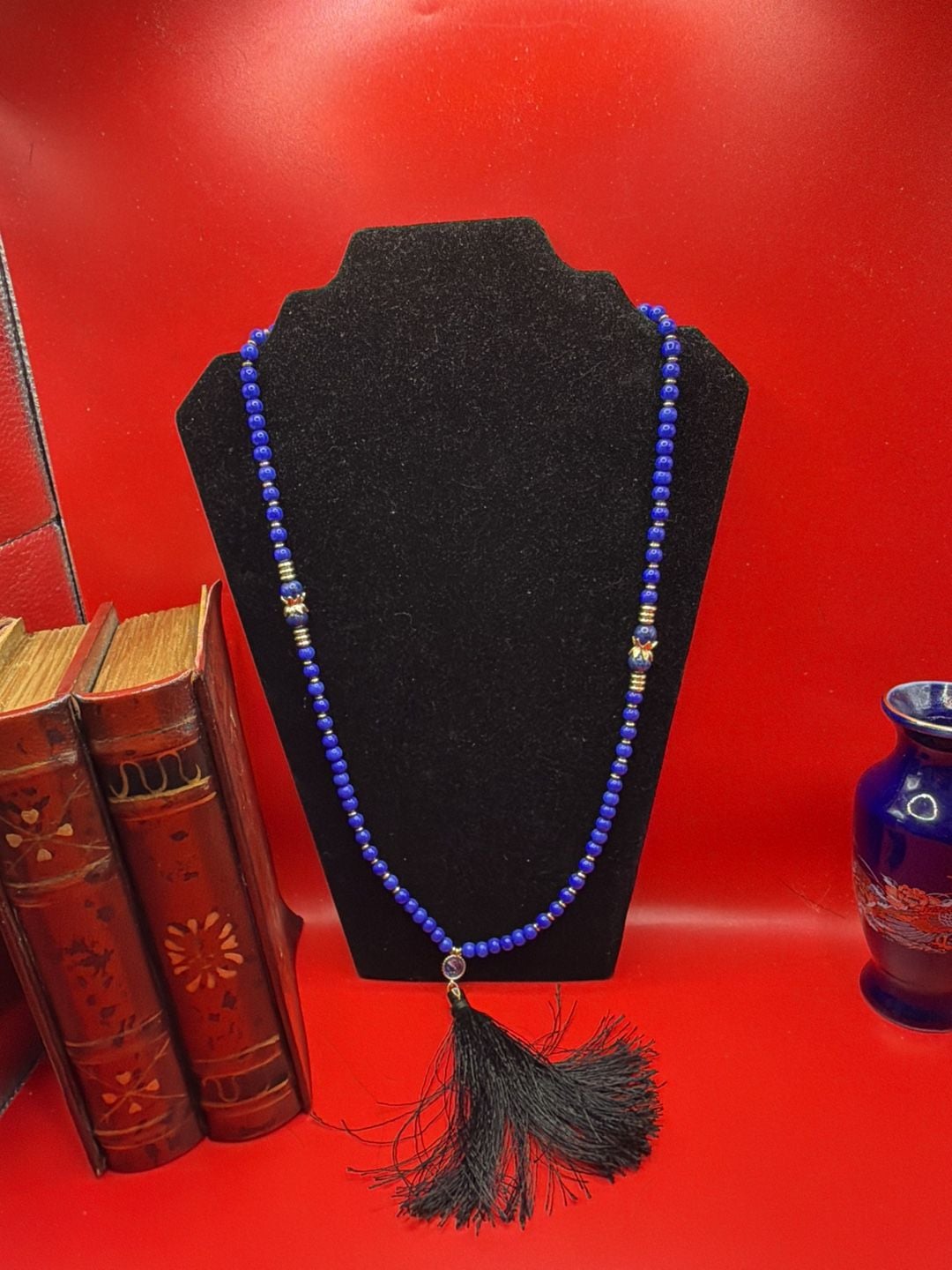 Blue Beaded Tassel Necklace With Gemstone Accents 5