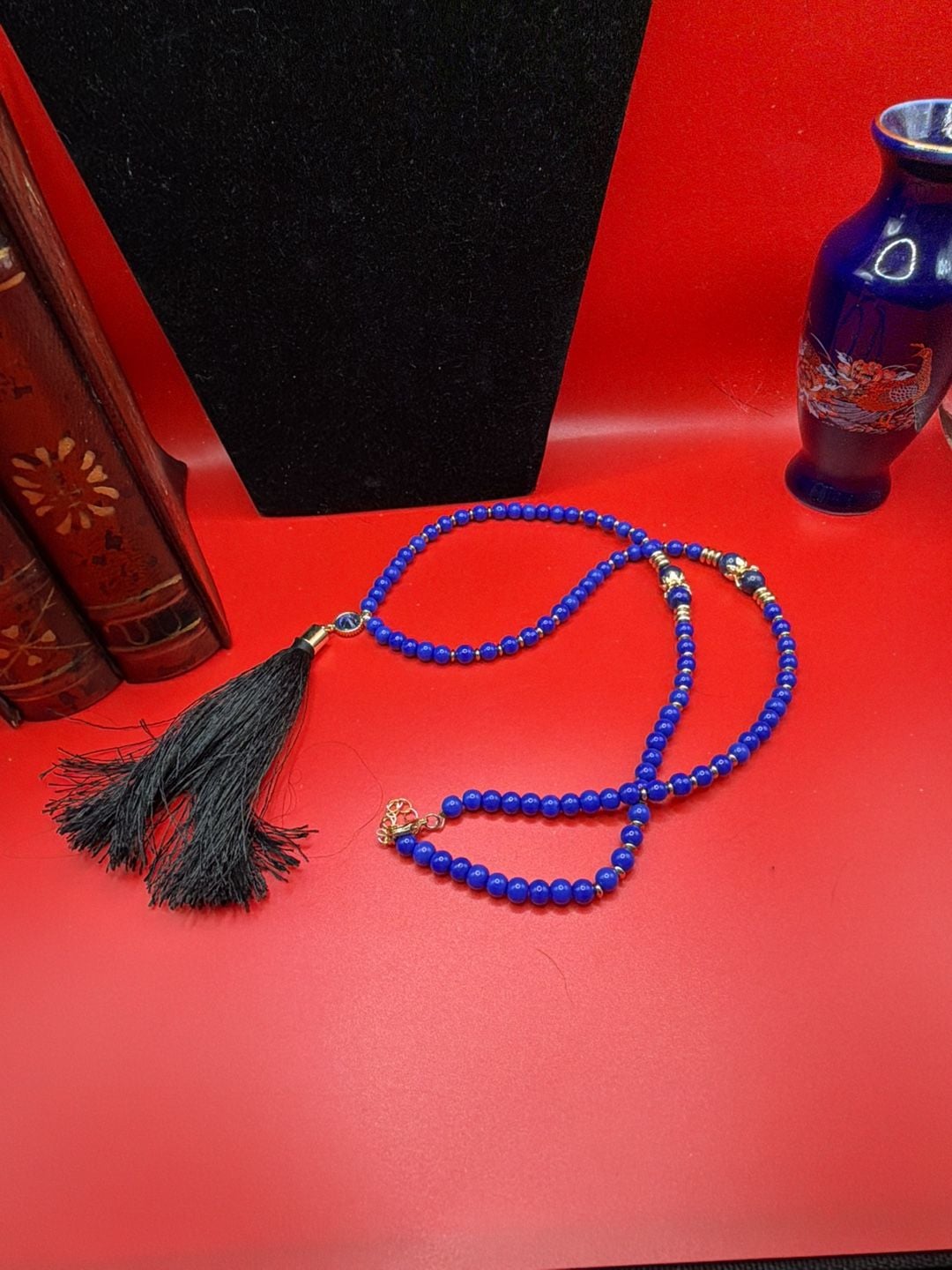 Blue Beaded Tassel Necklace With Gemstone Accents 8