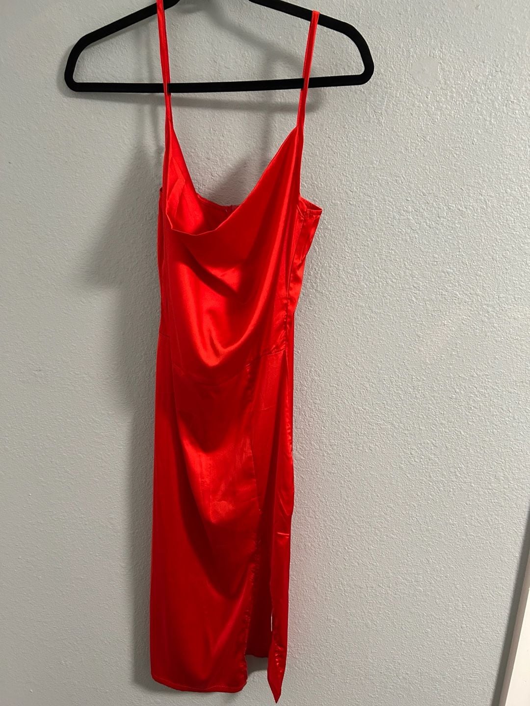 ChicMe Red Satin Midi Dress Size M Cowl Neck Slip Slit 2