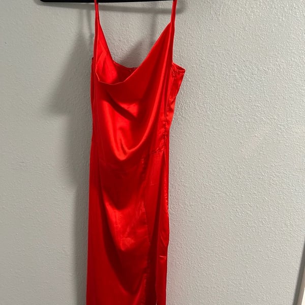 ChicMe Red Satin Midi Dress Size M Cowl Neck Slip Slit