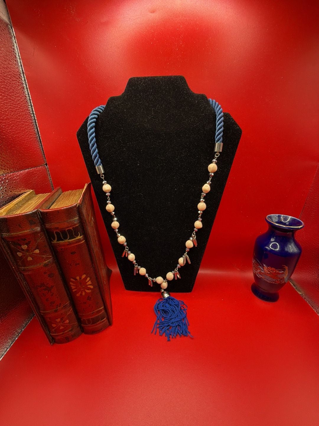 Charming Charlie Blue Cord And Peach Bead Tassel Necklace 2