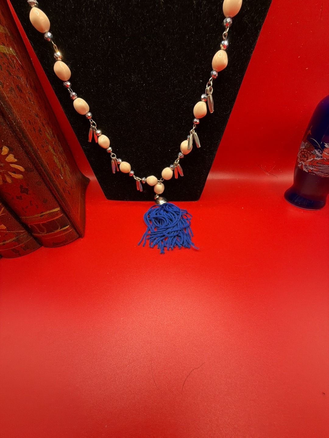 Charming Charlie Blue Cord And Peach Bead Tassel Necklace 3