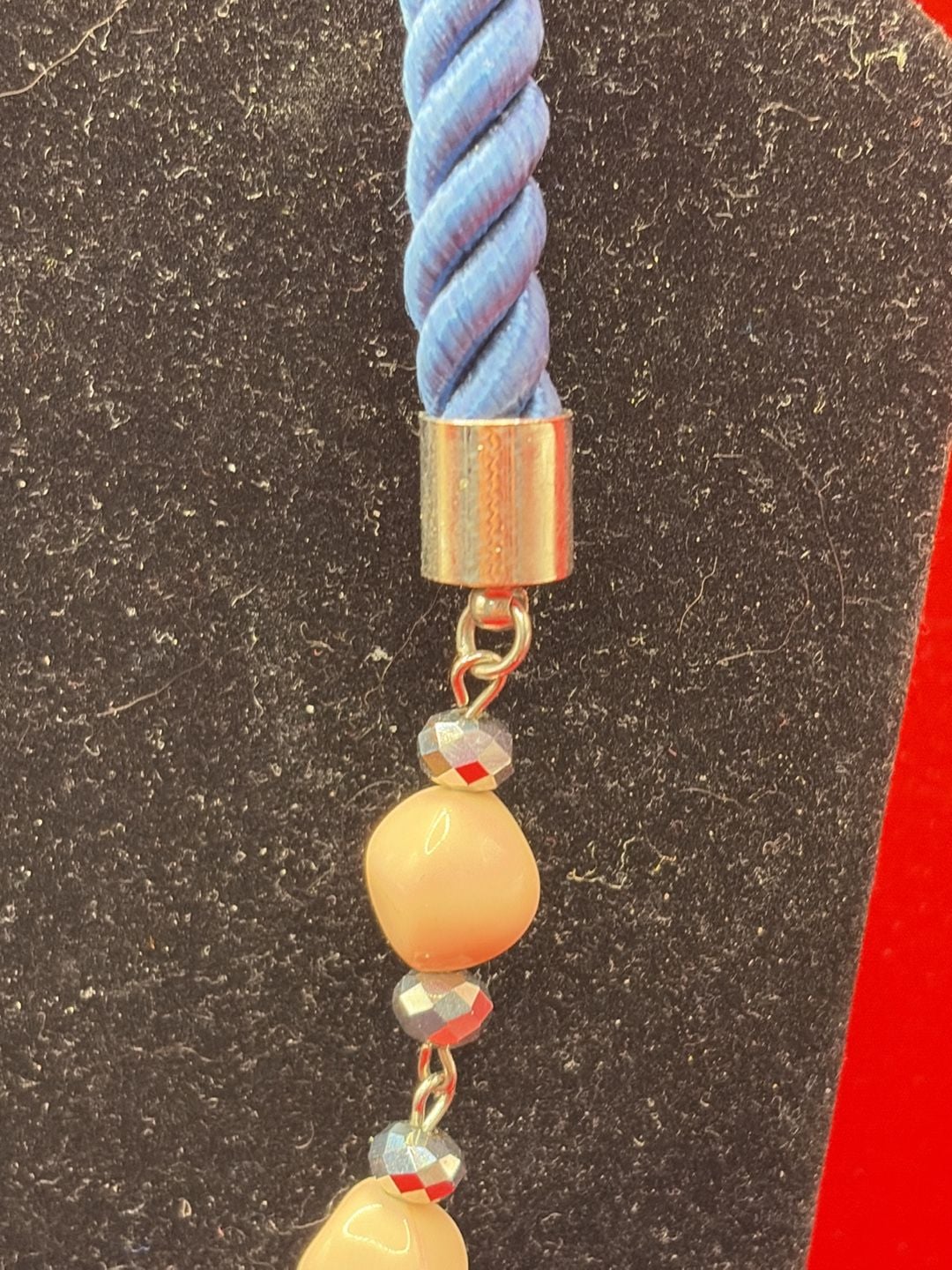 Charming Charlie Blue Cord And Peach Bead Tassel Necklace 7