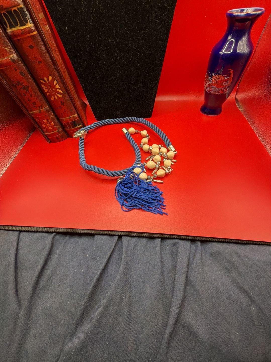 Charming Charlie Blue Cord And Peach Bead Tassel Necklace 8
