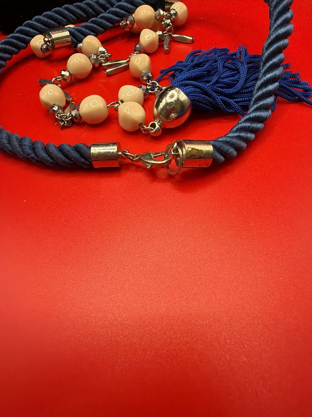 Charming Charlie Blue Cord And Peach Bead Tassel Necklace 9