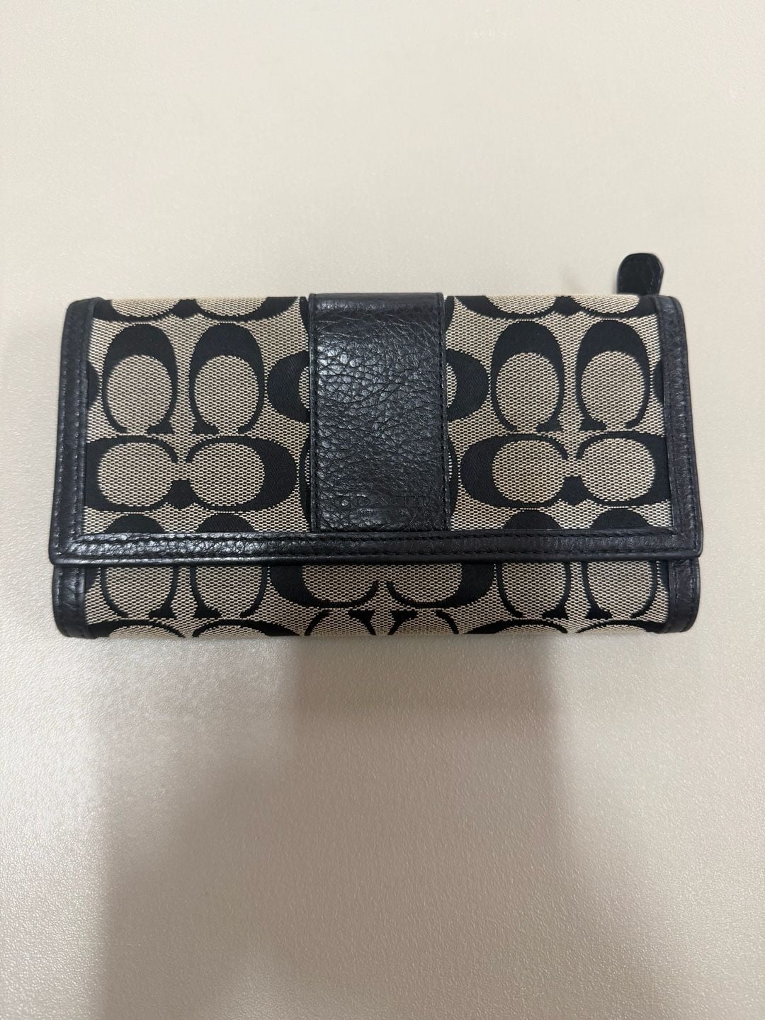 Coach Signature C Fabric Trifold Wallet Black Gray Leather Trim 2