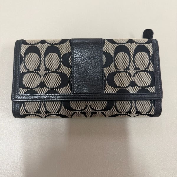Coach Signature C Fabric Trifold Wallet Black Gray Leather Trim