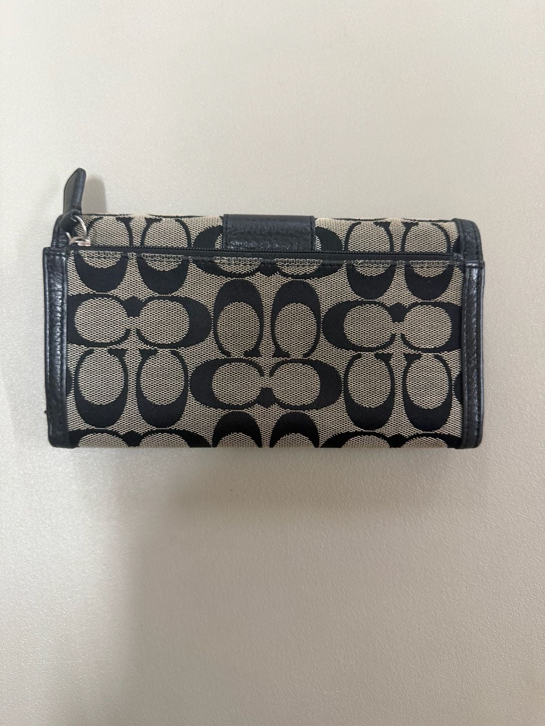 Coach Signature C Fabric Trifold Wallet Black Gray Leather Trim 3