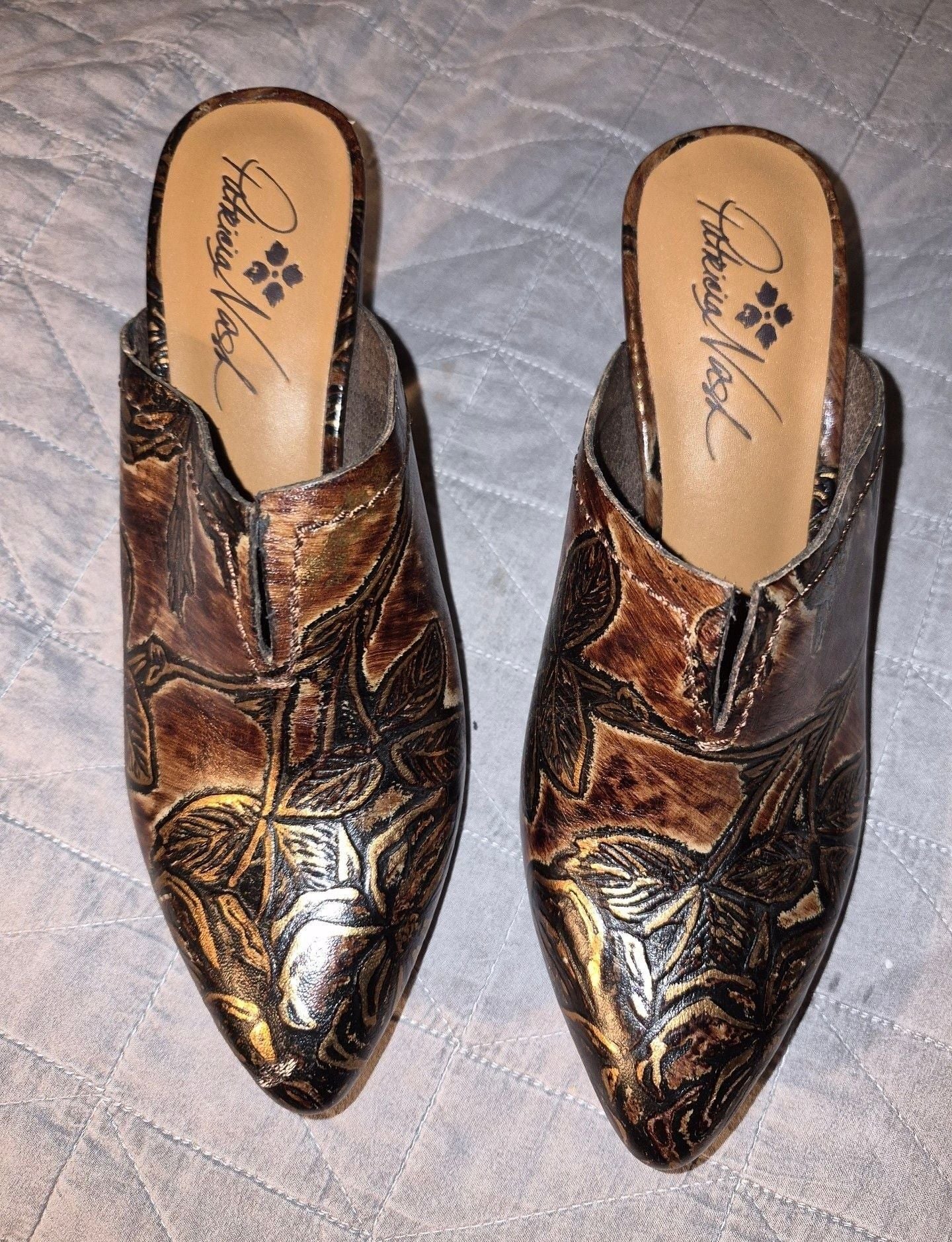 Patricia Nash Ruffina Mules Brown Gold Bark Leather Slide 2
