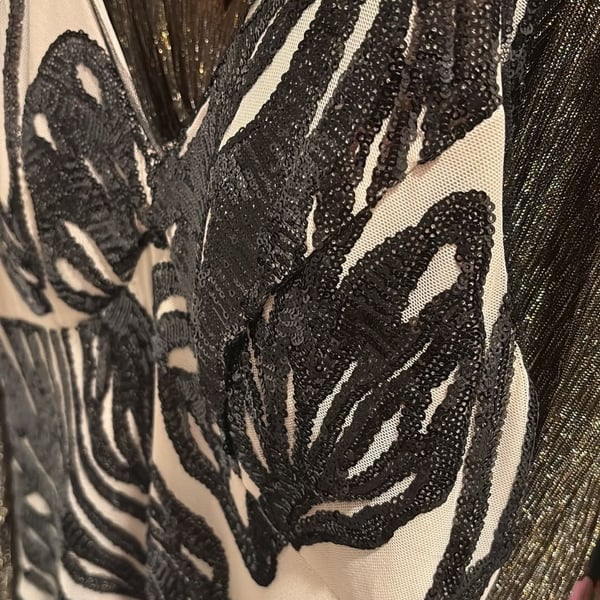 R&M Richards Sequin Halter Evening Gown Size 12 Black White Floral Maxi