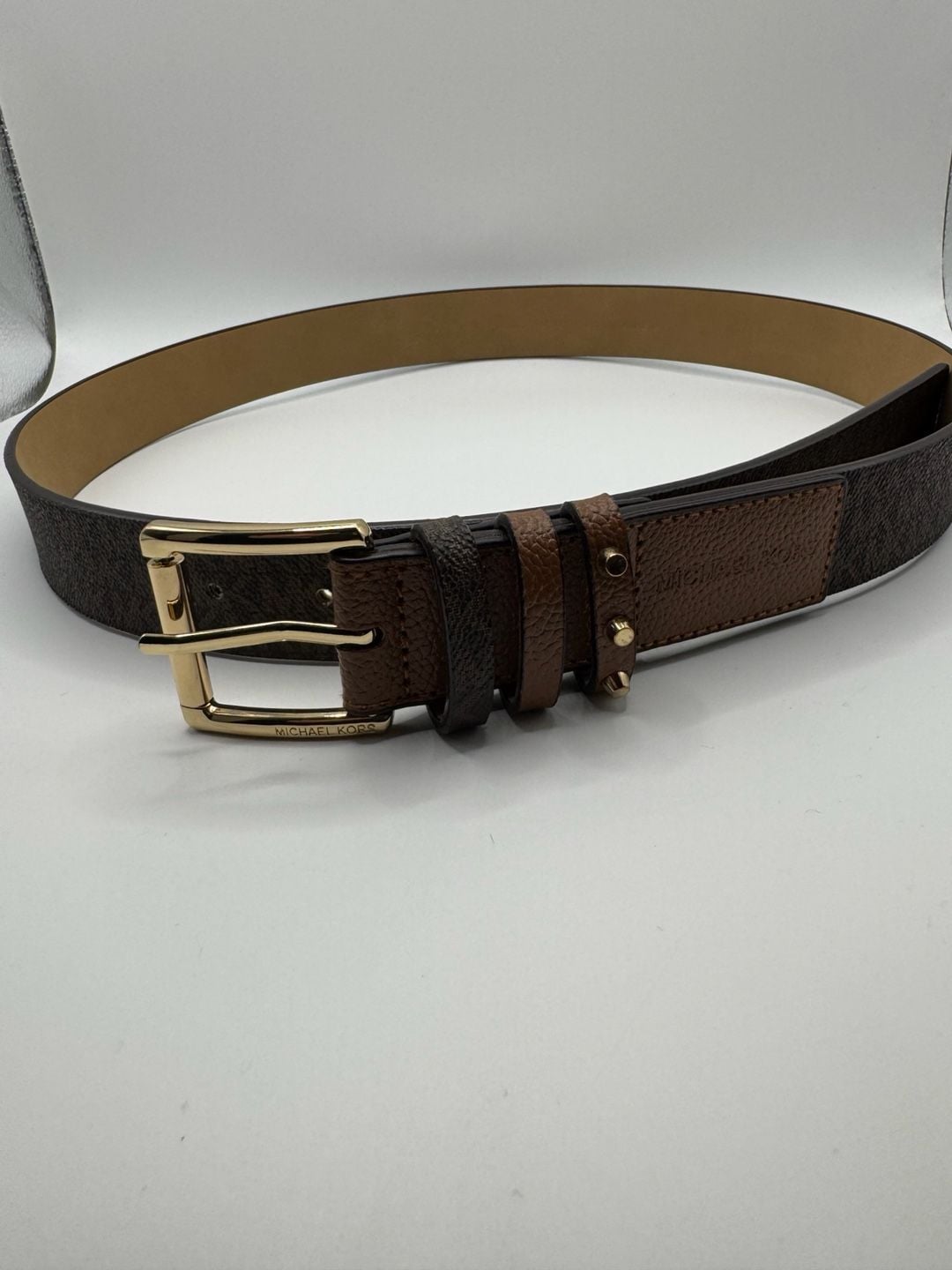 Michael Kors Logo Belt Size M Brown MK Monogram Triple Loop Studded 1
