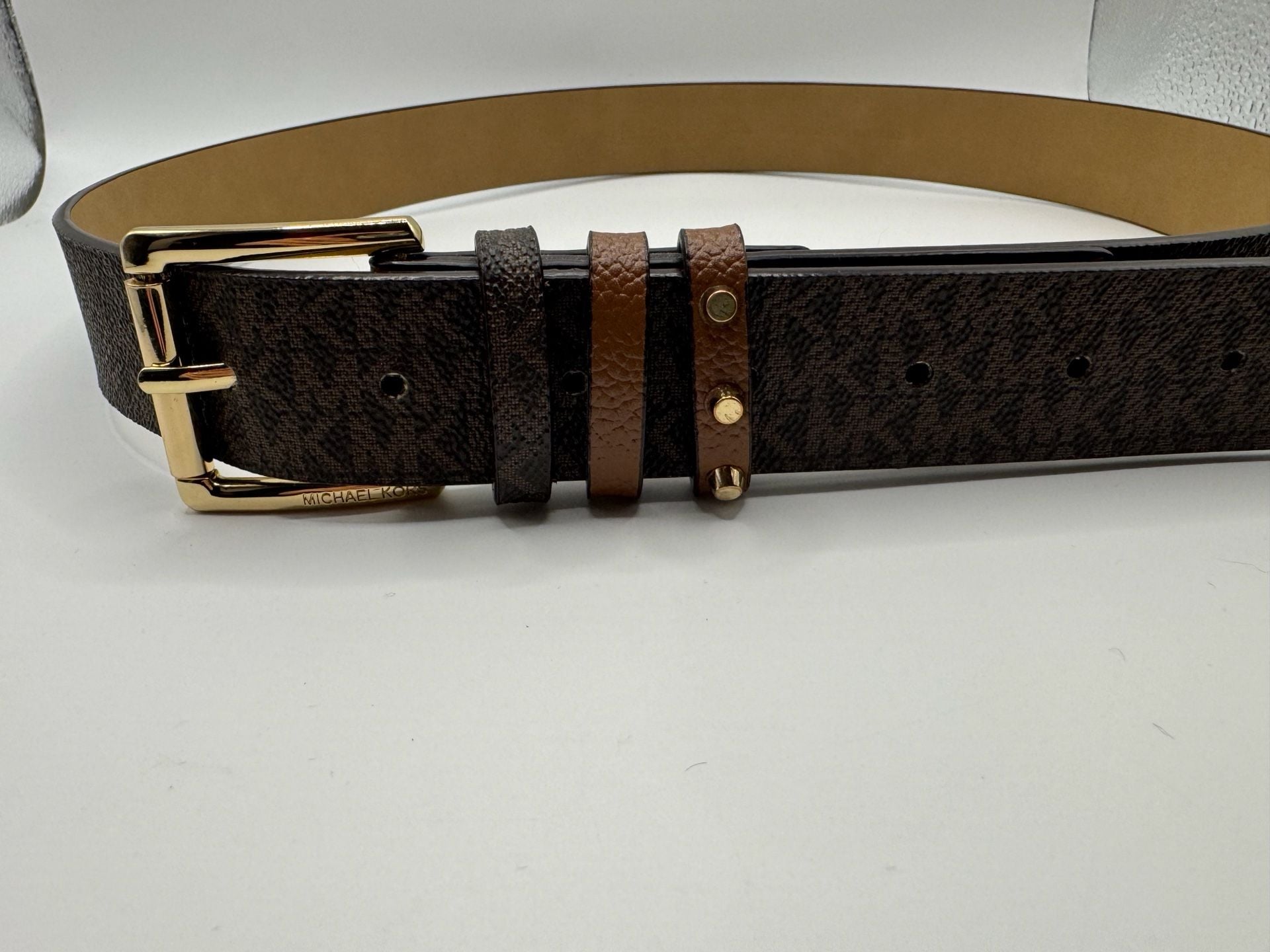 Michael Kors Logo Belt Size M Brown MK Monogram Triple Loop Studded 5