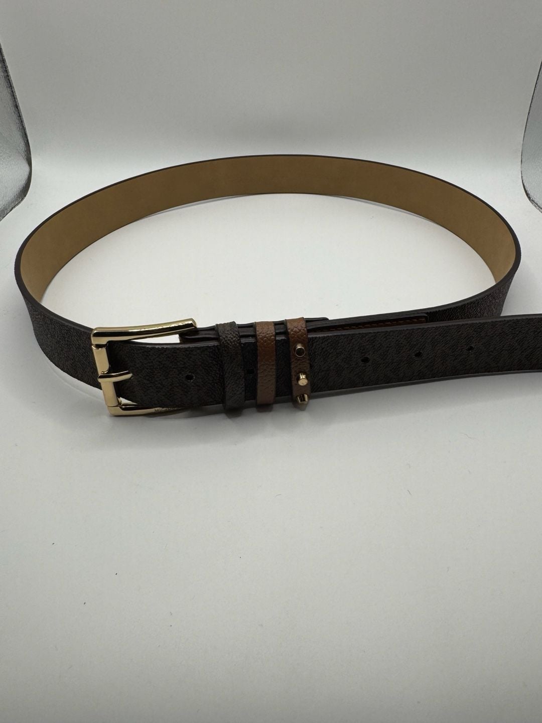 Michael Kors Logo Belt Size M Brown MK Monogram Triple Loop Studded 6