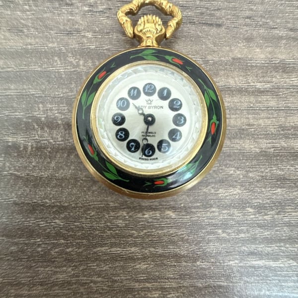 Lady Byron 17 Jewels Incabloc Swiss Made Pendant Watch Enamel Floral