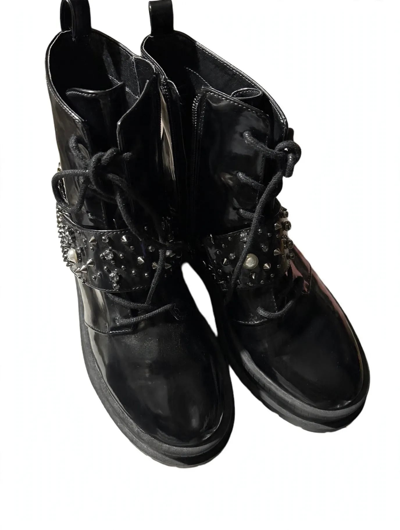 Jessica Simpson Combat Boots Size 8.5 Black Patent Studded Chain 2