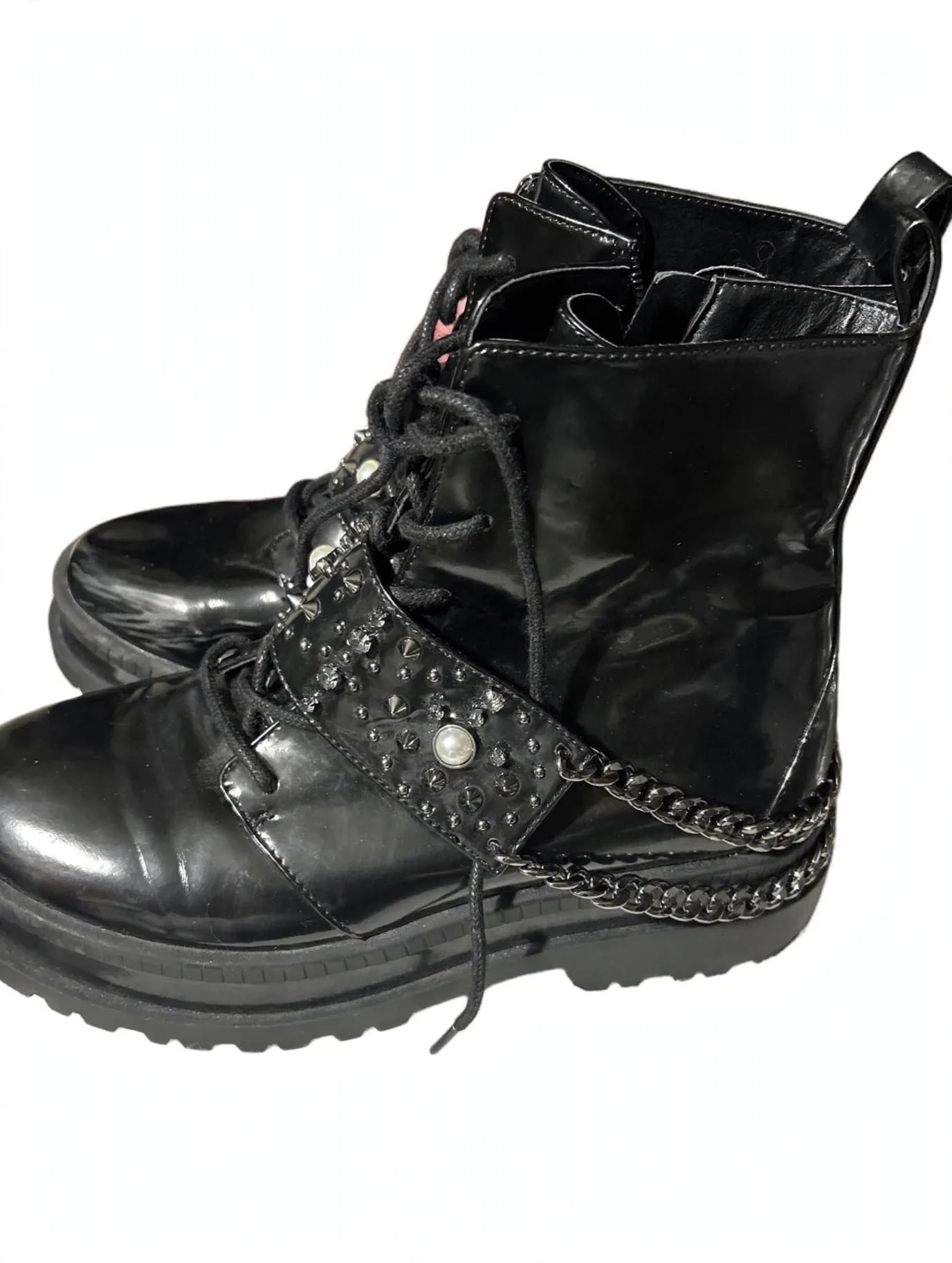 Jessica Simpson Combat Boots Size 8.5 Black Patent Studded Chain 4