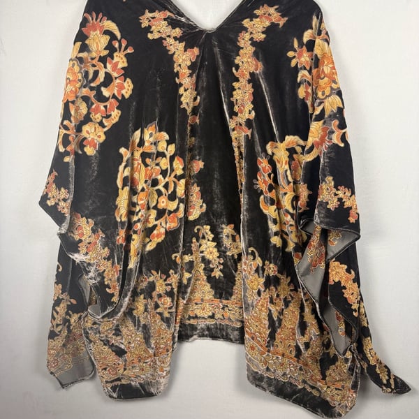 Burnout Velvet Floral Kimono Black Orange Open Front Bohemian plus size 2x