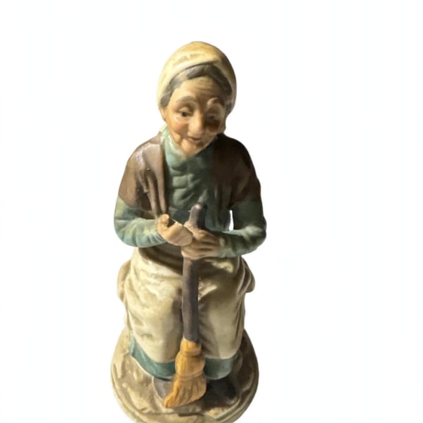 Vintage Porcelain Old Woman Figurine Seated with Broom
