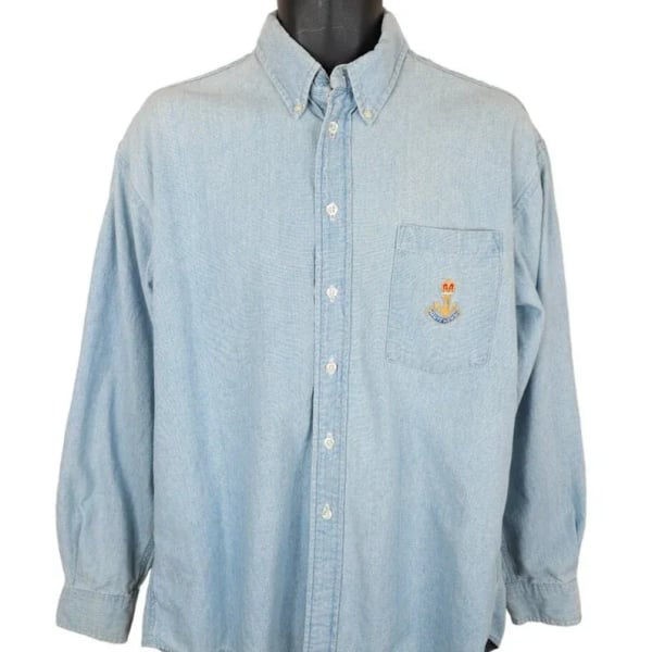 Vintage Ruff Hewn LS Mens MEDIUM Denim Shirt Light Blue Crest- Made In USA