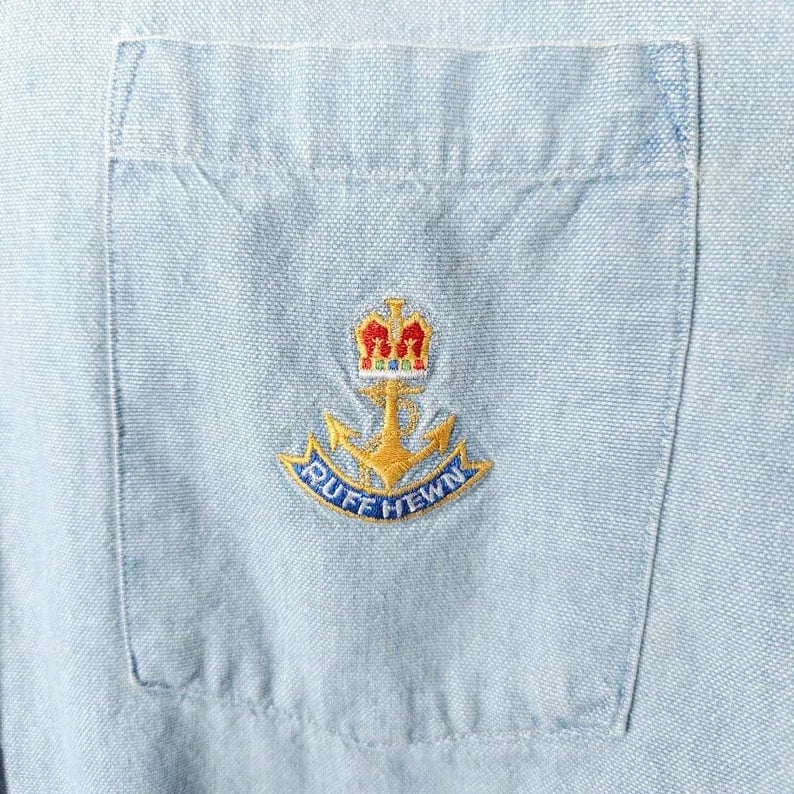 Vintage Ruff Hewn LS Mens MEDIUM Denim Shirt Light Blue Crest- Made In USA 4