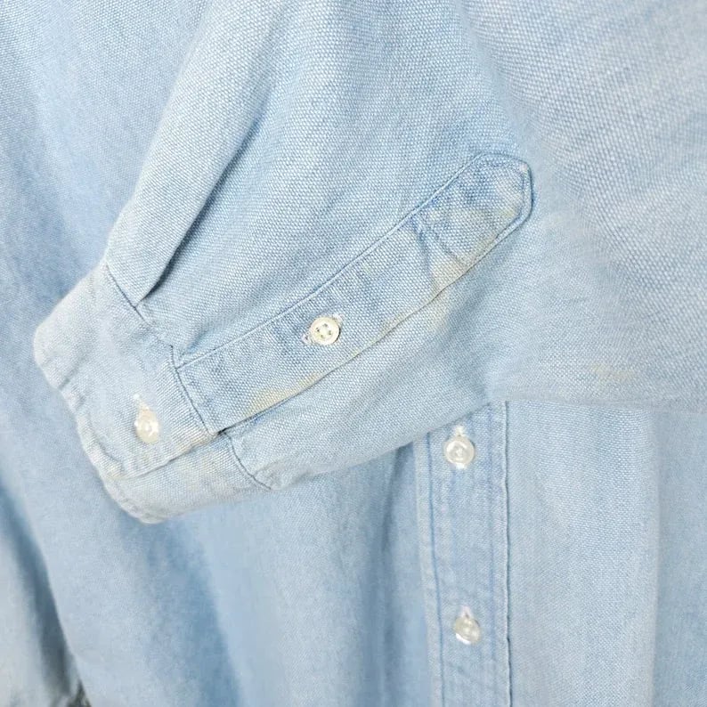 Vintage Ruff Hewn LS Mens MEDIUM Denim Shirt Light Blue Crest- Made In USA 6