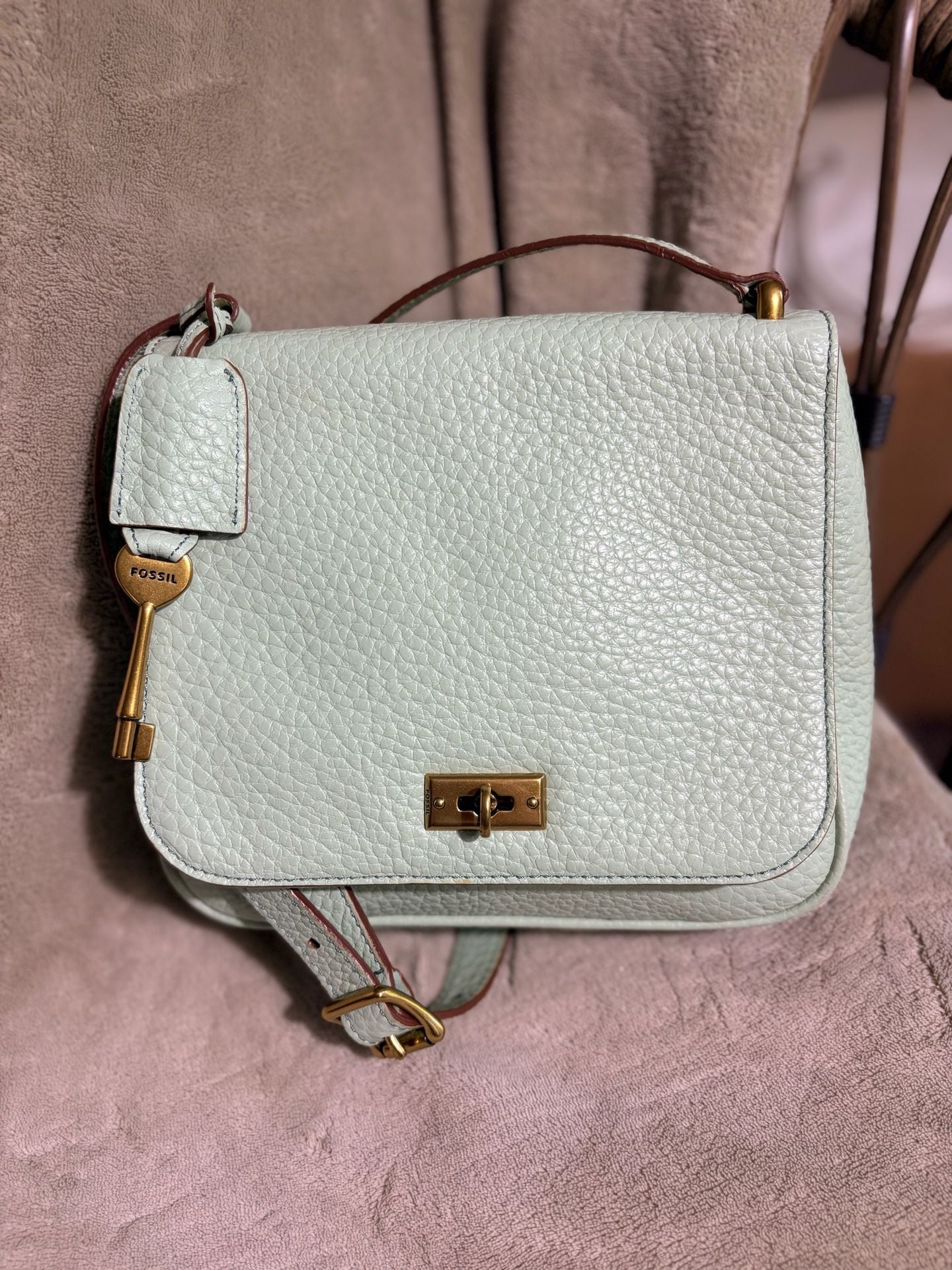 Fossil Memoir Flap Crossbody Bag Mint Green Pebbled Leather 2