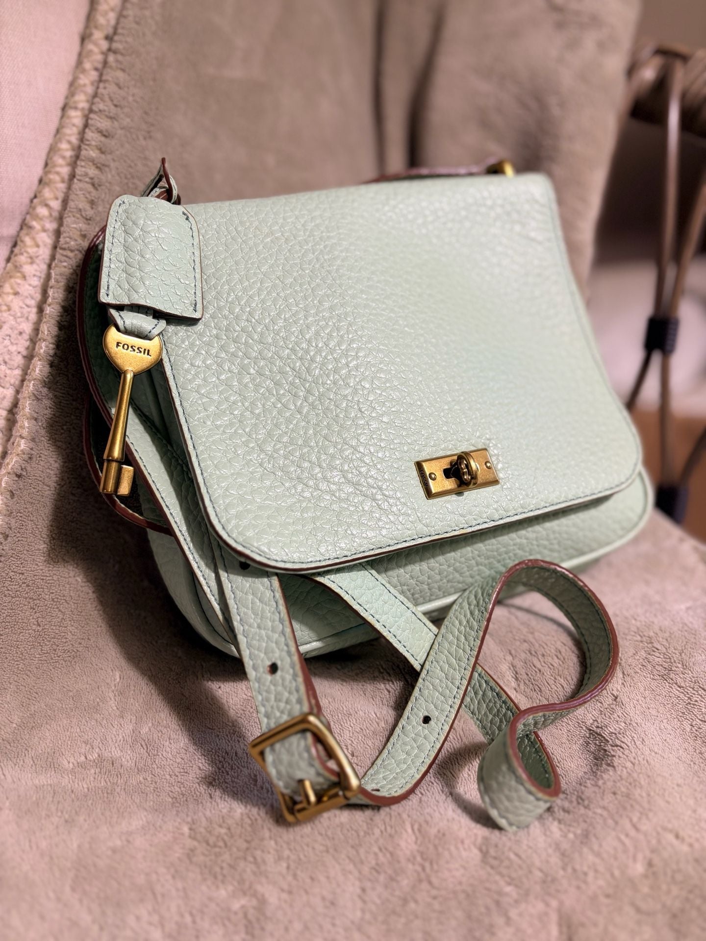 Fossil Memoir Flap Crossbody Bag Mint Green Pebbled Leather 3