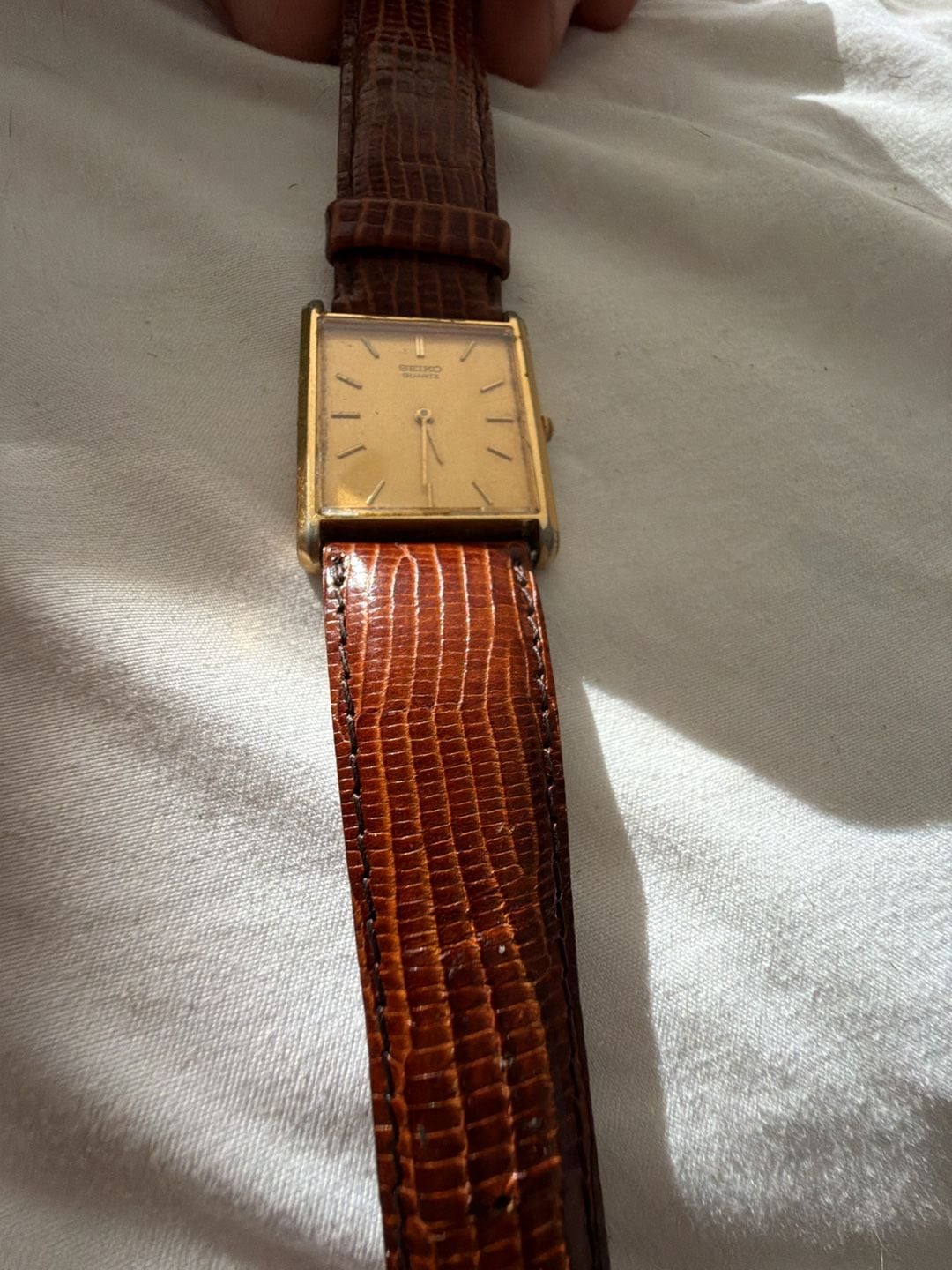 Seiko Quartz Tank Watch 5Y30-5069 Gold Tone Leather Strap 5