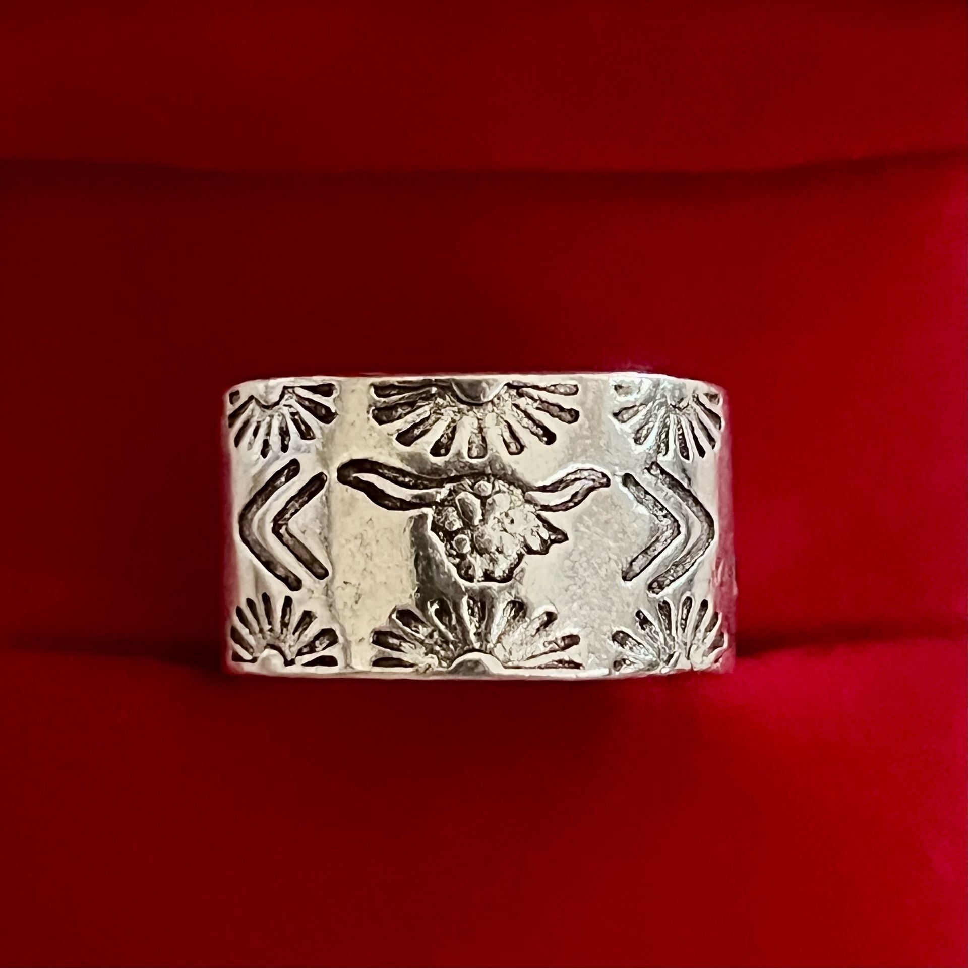 Western Steer Skull Stamped Ring Silver Country Rodeo Wide Band Size 8 2