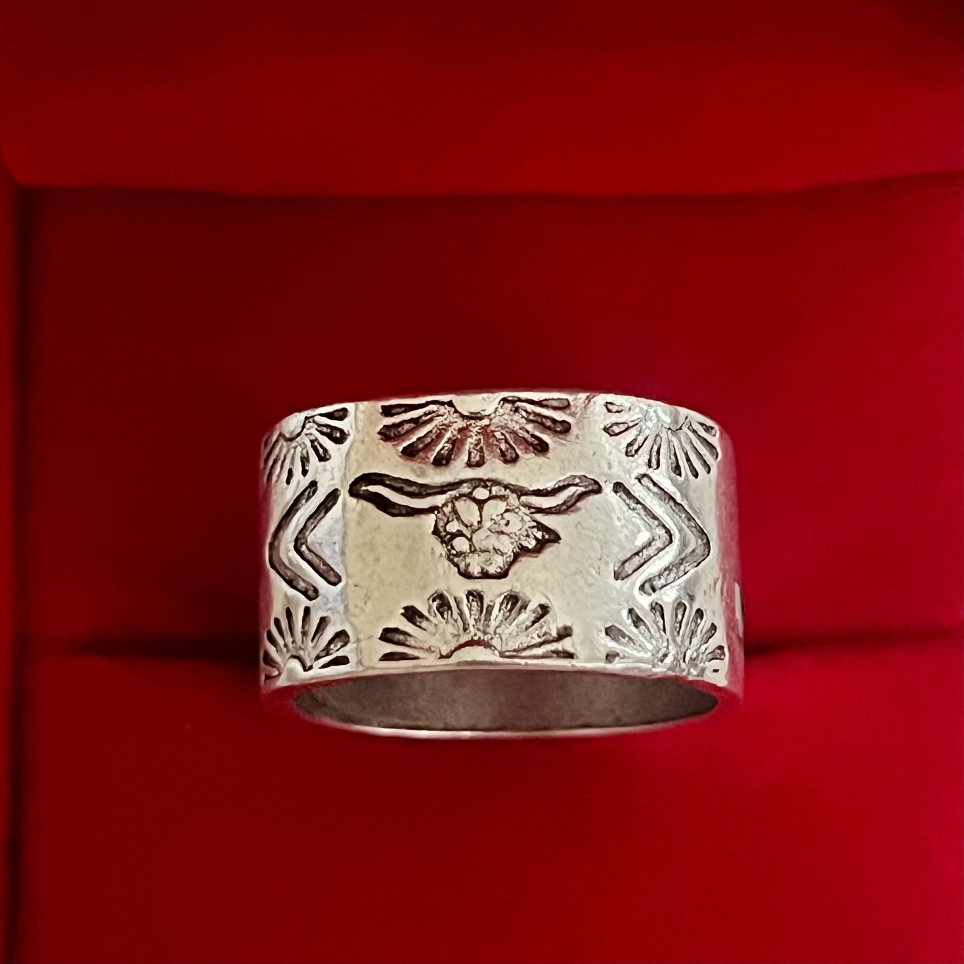Western Steer Skull Stamped Ring Silver Country Rodeo Wide Band Size 8 3