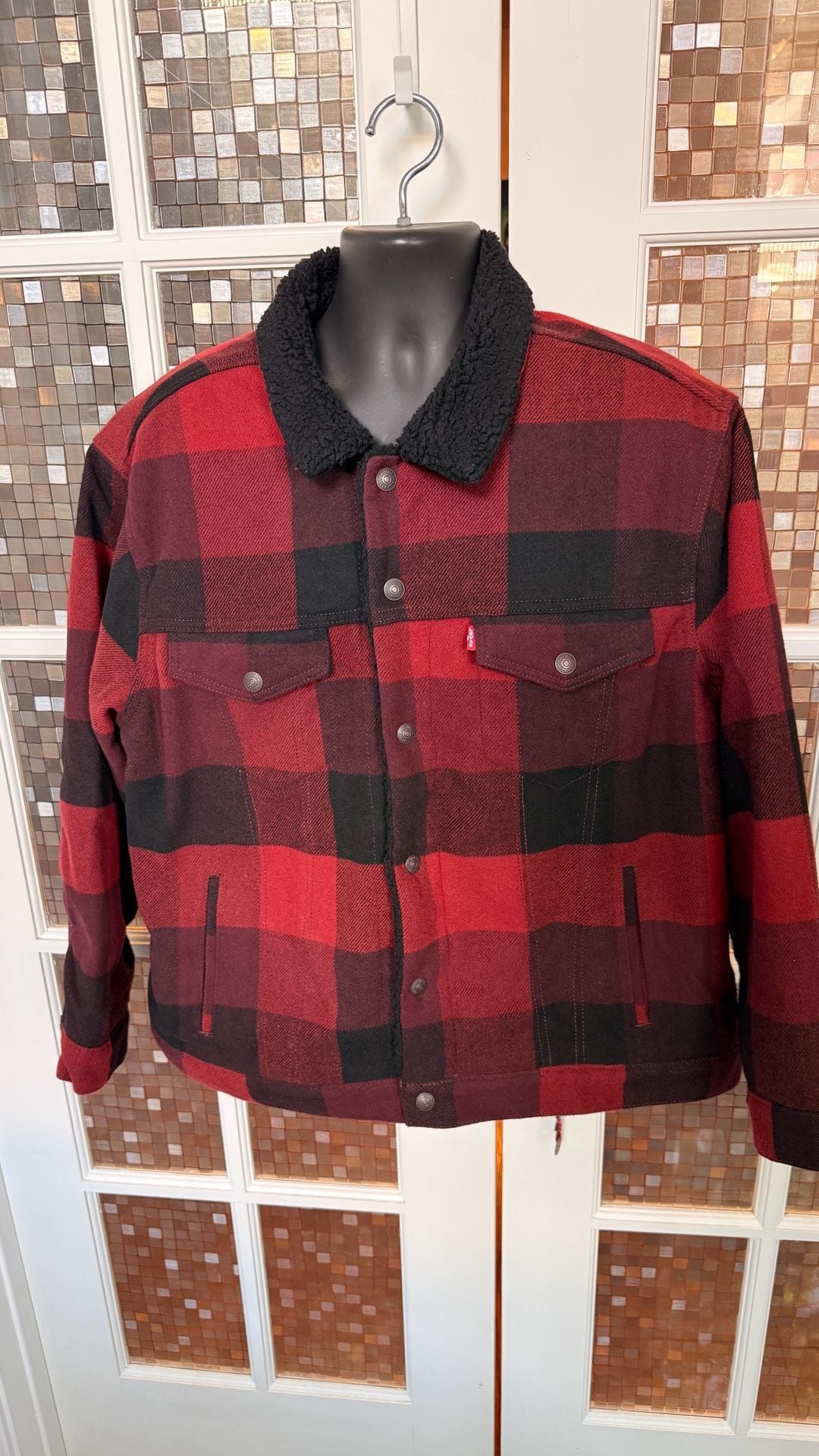 Levi's Relaxed Fit Sherpa Plaid Trucker Jacket Size L Red Black #684 2