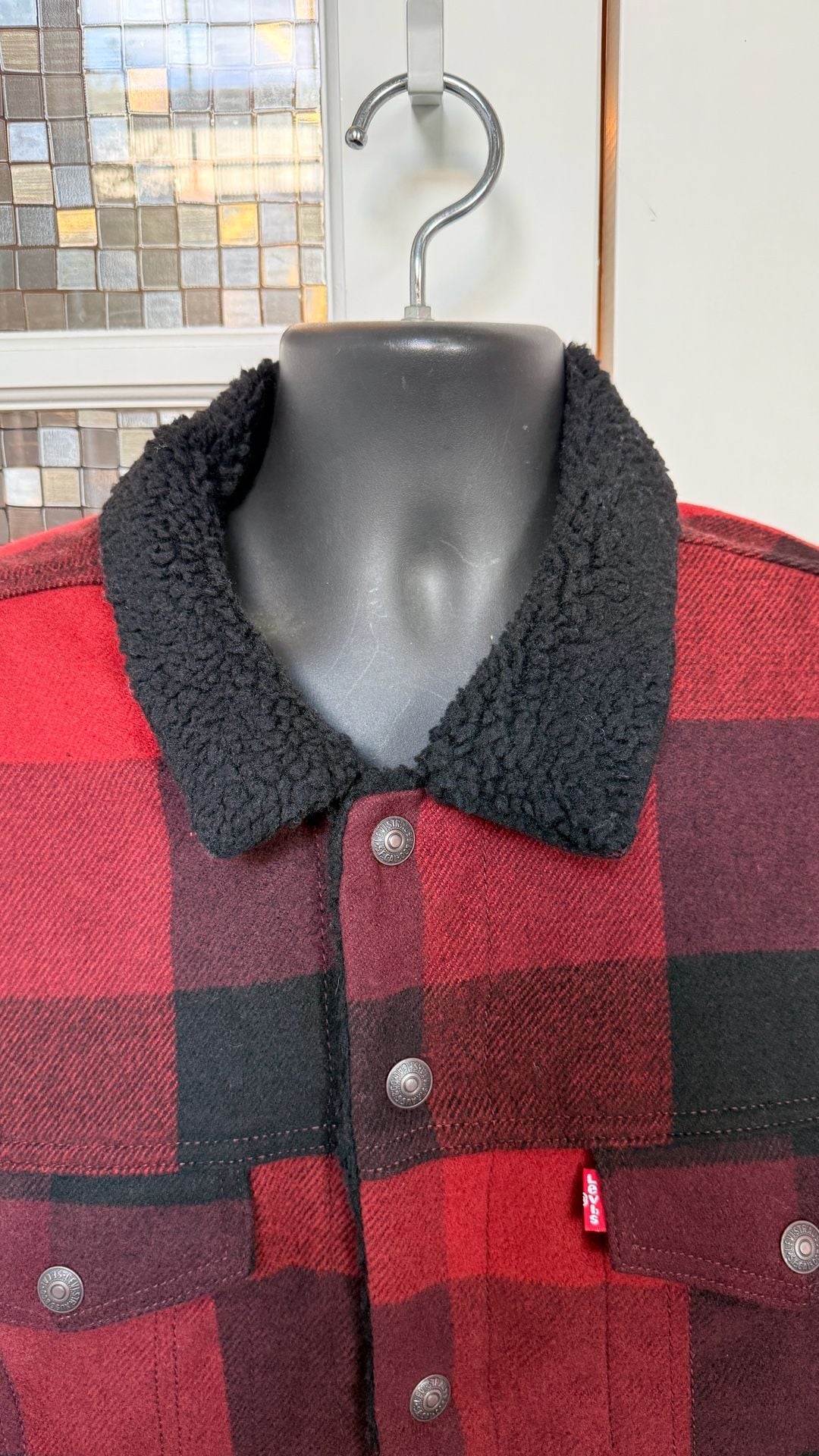 Levi's Relaxed Fit Sherpa Plaid Trucker Jacket Size L Red Black #684 4
