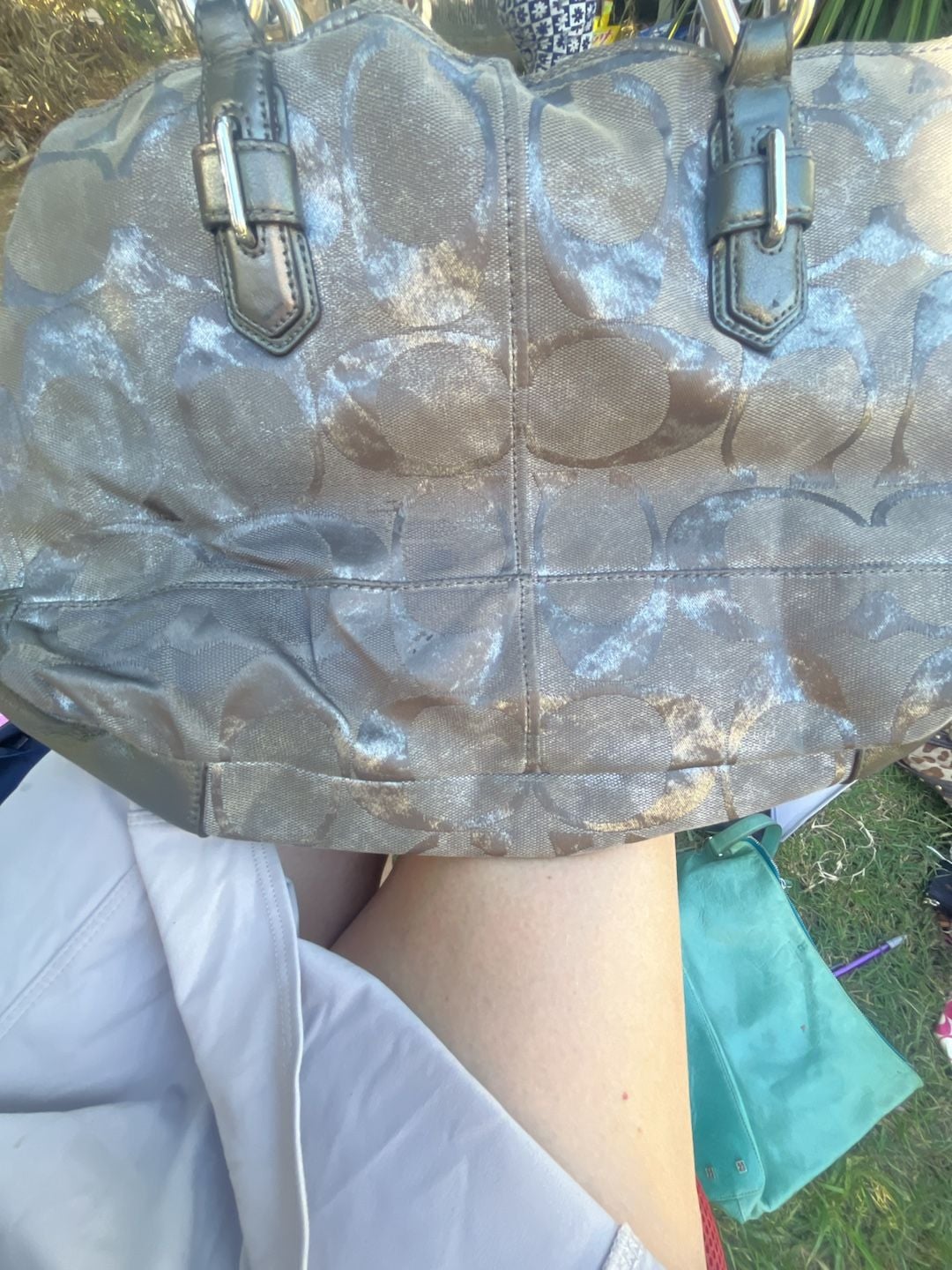 Coach Chelsea Jayden Carryall Pewter Metallic Signature C Shoulder Bag 7