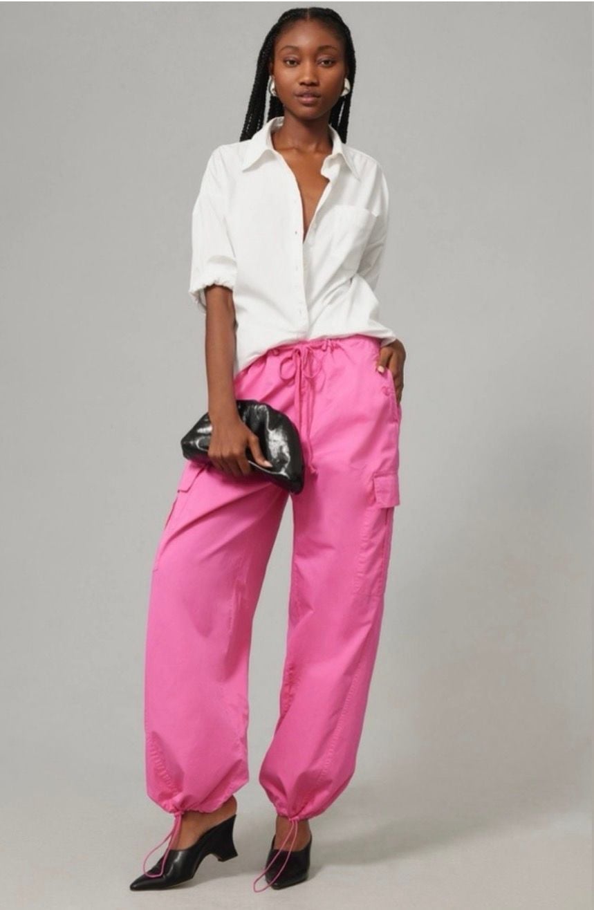 Good American Parachute Cargo Pants Women’s L Malibu Pink Wide Leg NWT $139 9