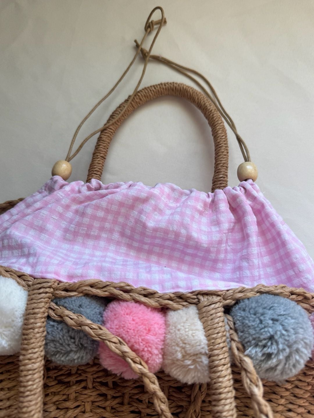 Pom Pom Straw Woven Tote Bag Pink Gingham Boho Coastal Shoulder Crossbody 7