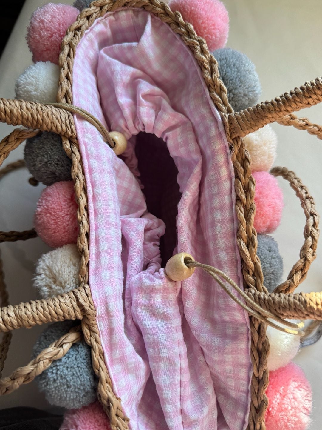 Pom Pom Straw Woven Tote Bag Pink Gingham Boho Coastal Shoulder Crossbody 8