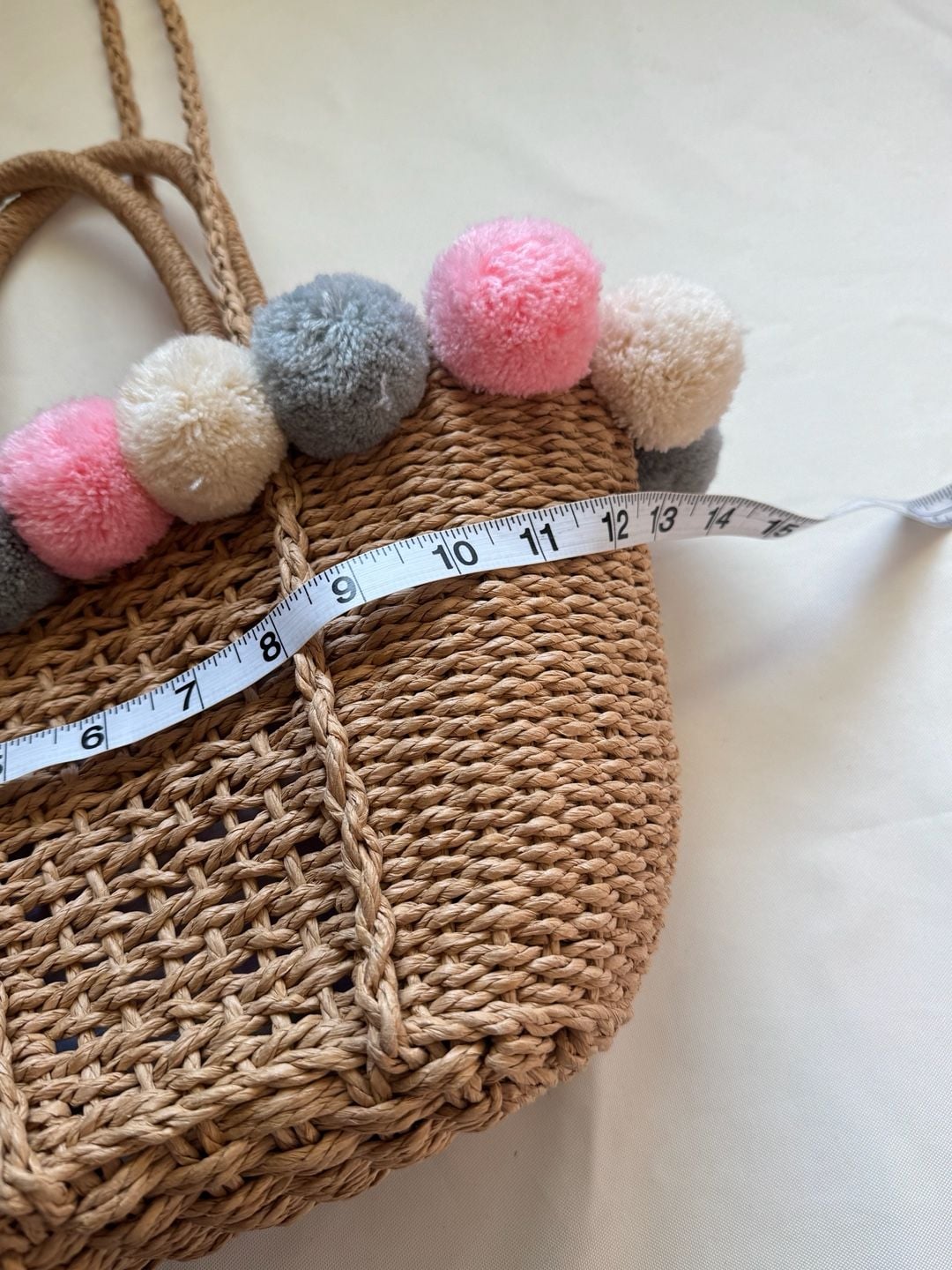 Pom Pom Straw Woven Tote Bag Pink Gingham Boho Coastal Shoulder Crossbody 10