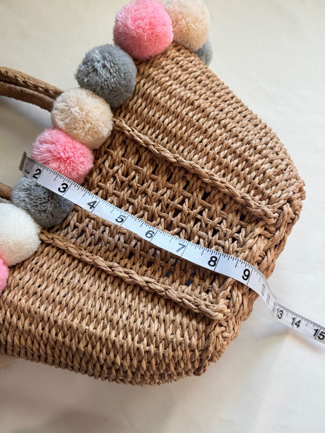 Pom Pom Straw Woven Tote Bag Pink Gingham Boho Coastal Shoulder Crossbody 11