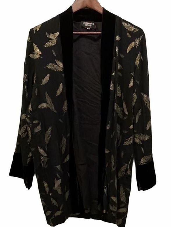 Johnny Was Workshop Open Jacket Size M Black Gold Feathers Velvet Trim 2