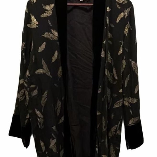 Johnny Was Workshop Open Jacket Size M Black Gold Feathers Velvet Trim
