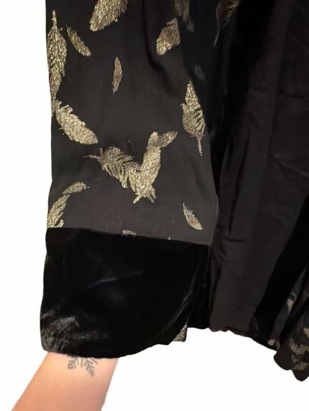 Johnny Was Workshop Open Jacket Size M Black Gold Feathers Velvet Trim 4