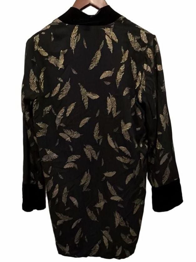 Johnny Was Workshop Open Jacket Size M Black Gold Feathers Velvet Trim 6