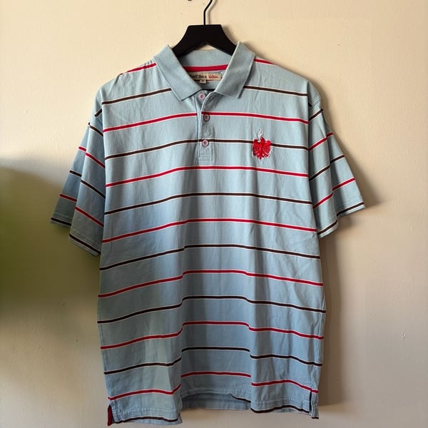 Point Zero Vintage Polo Shirt Size M Light Blue Striped Logo