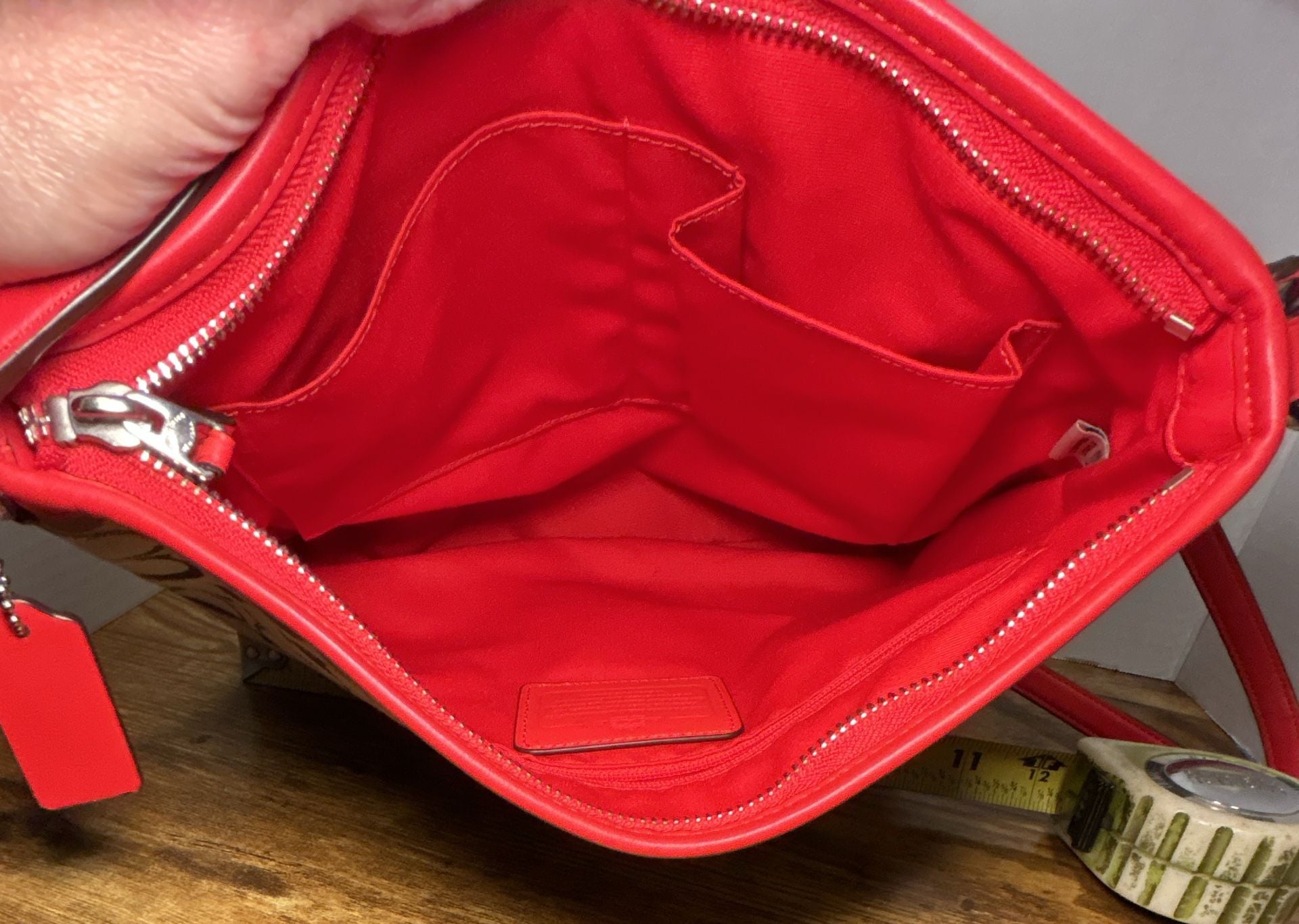 Coach Signature File Bag Crossbody Purse F36378 Khaki Red Leather Trim 4